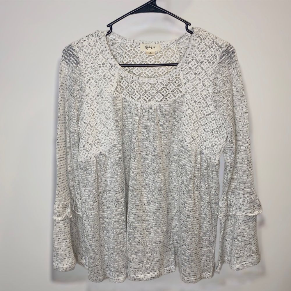 Style & Co Ivory Ruffled Crochet-Inset Long Sleeve Lace Knit Top Size Small